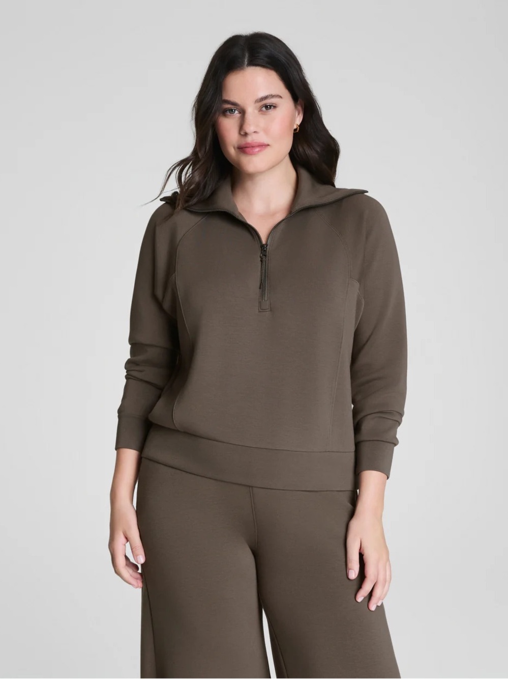 Spanx Air Essentials Half-Zip Pullover Sweatshirt in Olive Brown